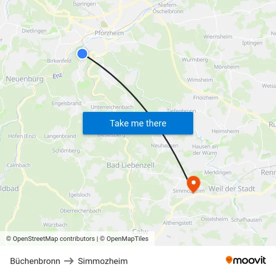Büchenbronn to Simmozheim map