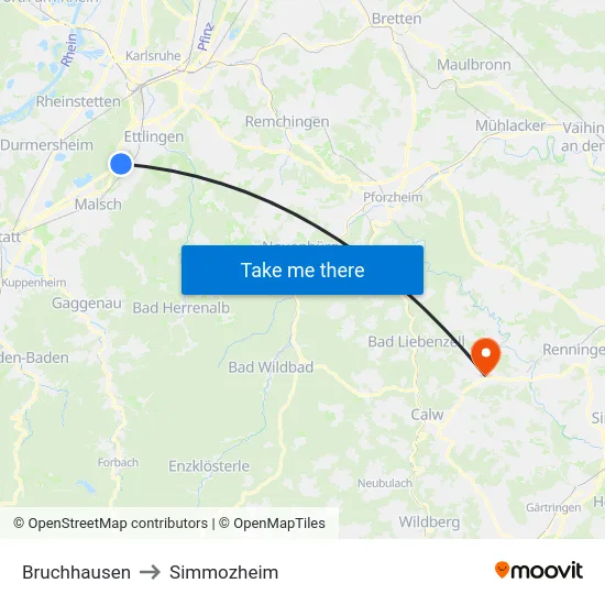 Bruchhausen to Simmozheim map