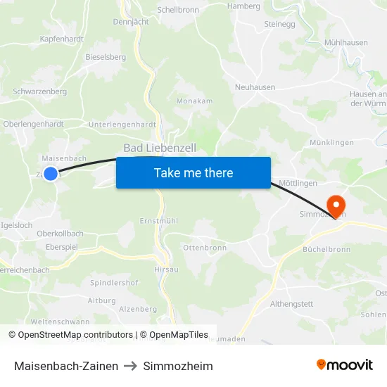 Maisenbach-Zainen to Simmozheim map