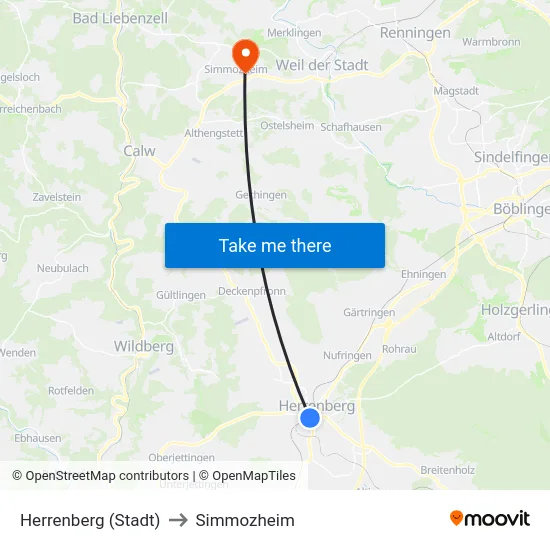 Herrenberg (Stadt) to Simmozheim map