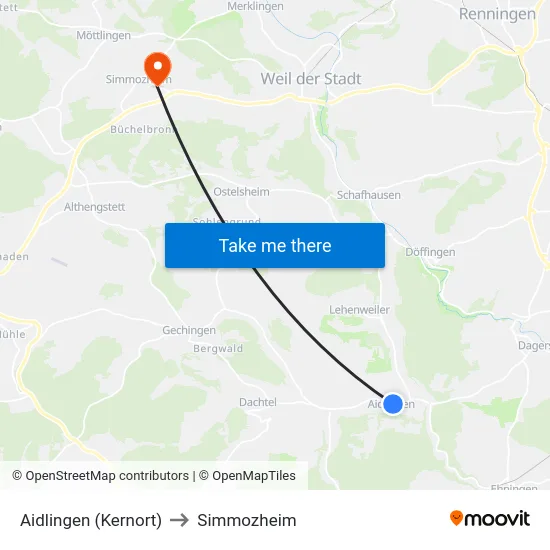 Aidlingen (Kernort) to Simmozheim map