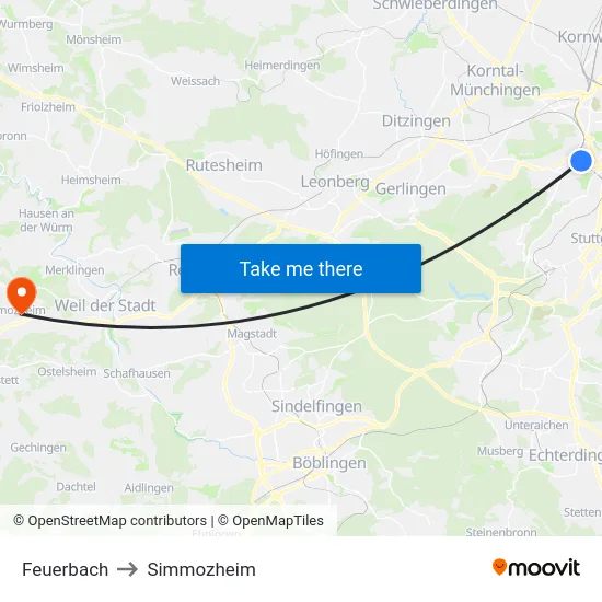 Feuerbach to Simmozheim map
