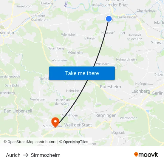 Aurich to Simmozheim map