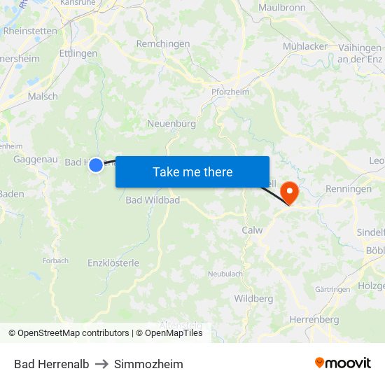 Bad Herrenalb to Simmozheim map