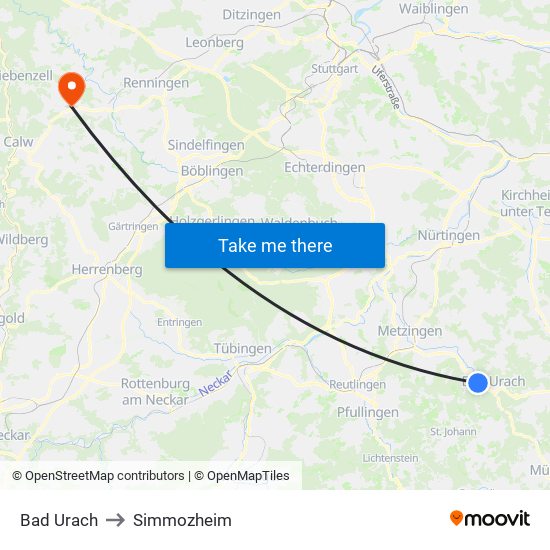 Bad Urach to Simmozheim map