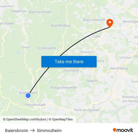 Baiersbronn to Simmozheim map