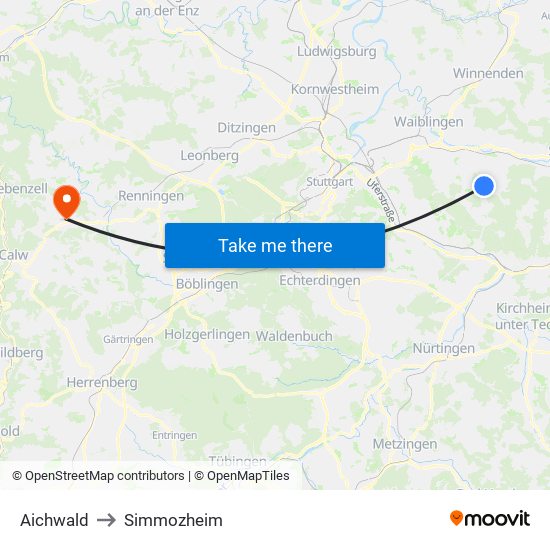 Aichwald to Simmozheim map