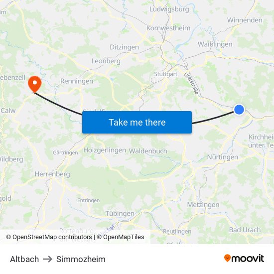 Altbach to Simmozheim map