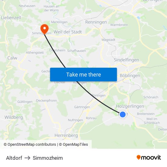 Altdorf to Simmozheim map