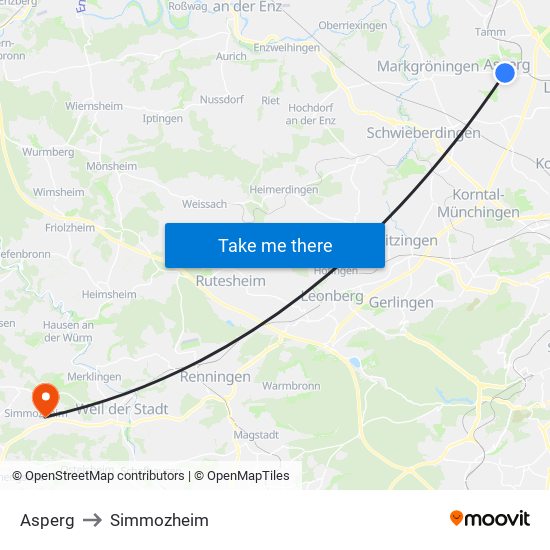 Asperg to Simmozheim map