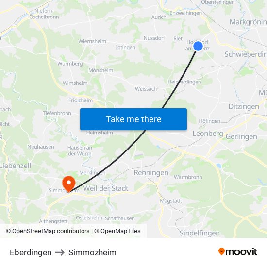 Eberdingen to Simmozheim map