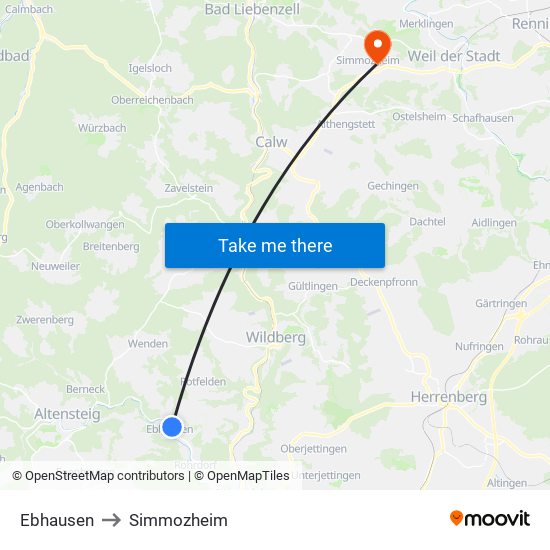 Ebhausen to Simmozheim map