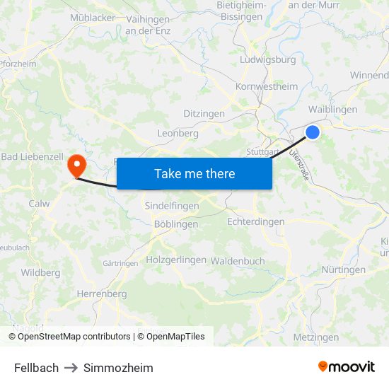 Fellbach to Simmozheim map