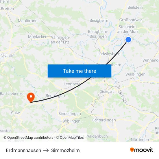 Erdmannhausen to Simmozheim map