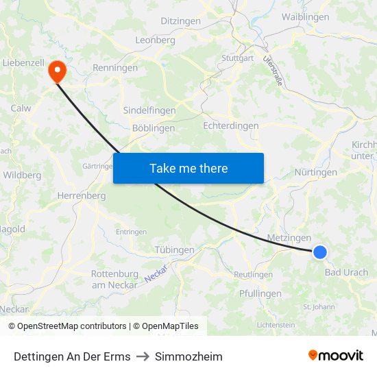 Dettingen An Der Erms to Simmozheim map
