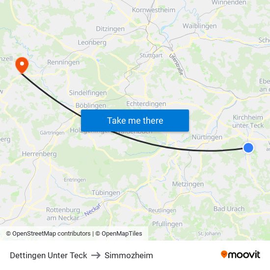 Dettingen Unter Teck to Simmozheim map