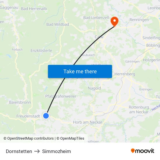 Dornstetten to Simmozheim map