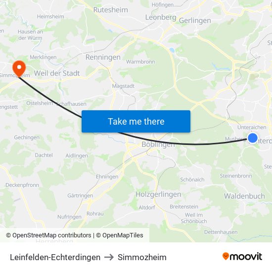 Leinfelden-Echterdingen to Simmozheim map