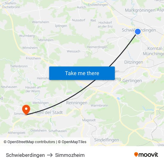 Schwieberdingen to Simmozheim map
