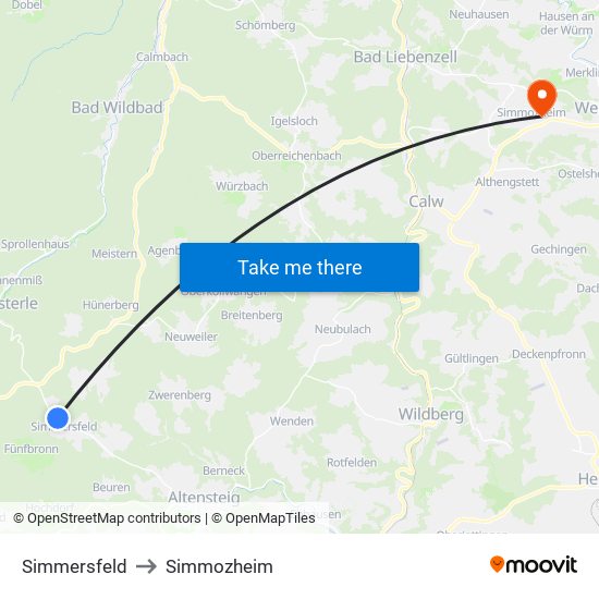 Simmersfeld to Simmozheim map