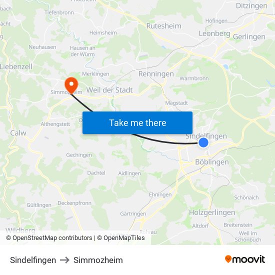 Sindelfingen to Simmozheim map