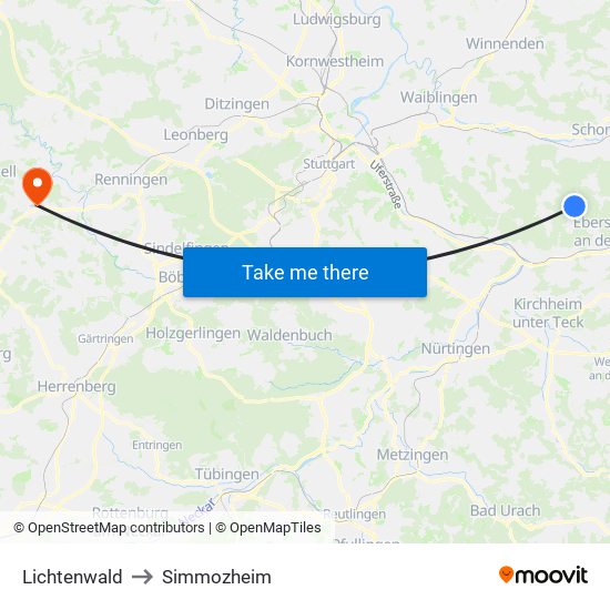 Lichtenwald to Simmozheim map