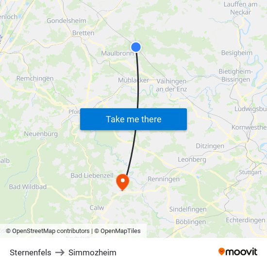 Sternenfels to Simmozheim map