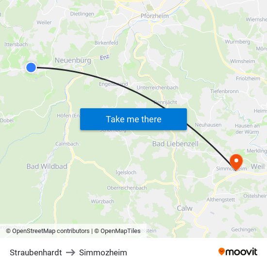 Straubenhardt to Simmozheim map