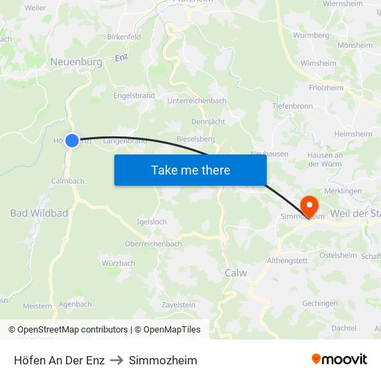 Höfen An Der Enz to Simmozheim map