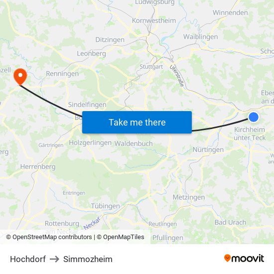 Hochdorf to Simmozheim map