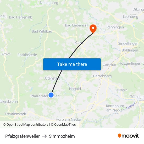 Pfalzgrafenweiler to Simmozheim map