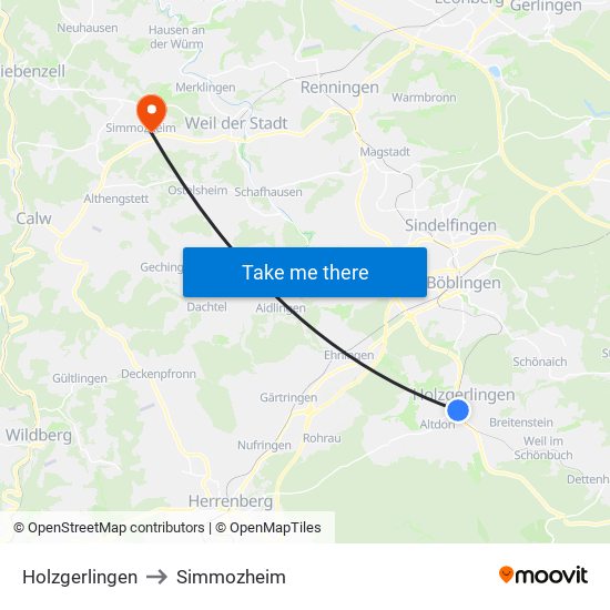 Holzgerlingen to Simmozheim map