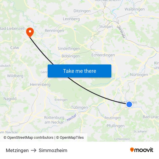 Metzingen to Simmozheim map