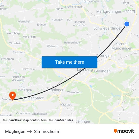 Möglingen to Simmozheim map