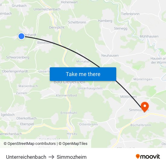 Unterreichenbach to Simmozheim map