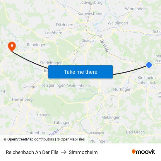 Reichenbach An Der Fils to Simmozheim map