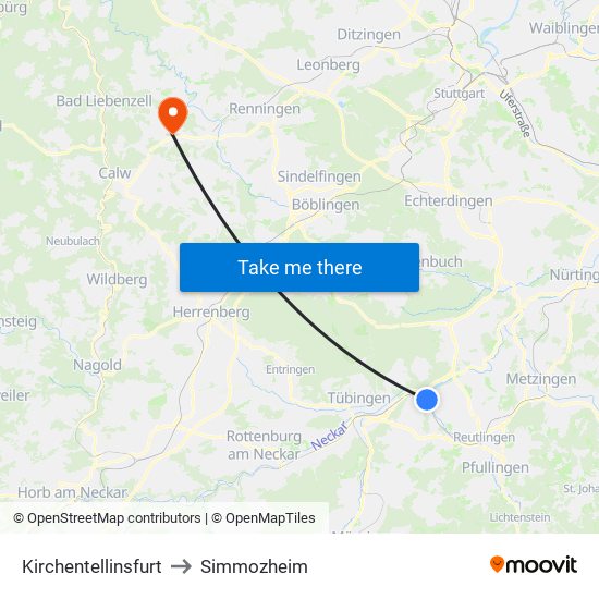 Kirchentellinsfurt to Simmozheim map