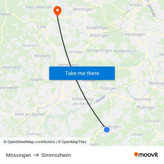 Mössingen to Simmozheim map