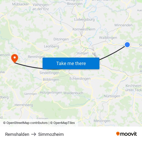 Remshalden to Simmozheim map