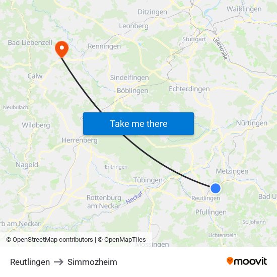 Reutlingen to Simmozheim map