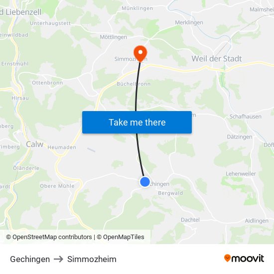 Gechingen to Simmozheim map