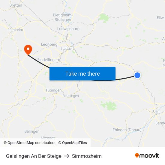 Geislingen An Der Steige to Simmozheim map