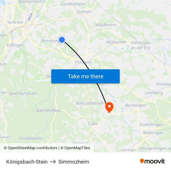 Königsbach-Stein to Simmozheim map