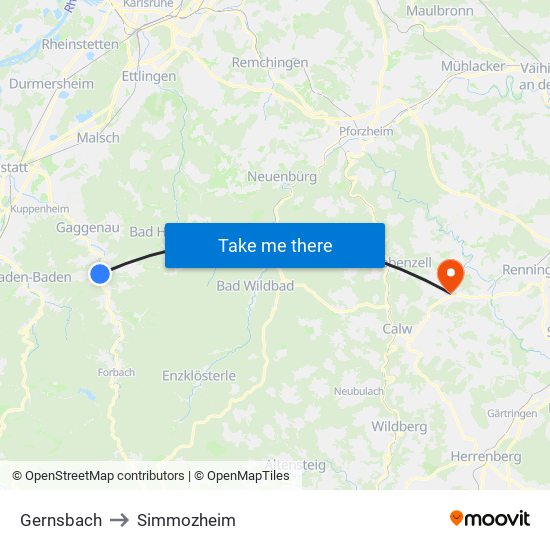 Gernsbach to Simmozheim map