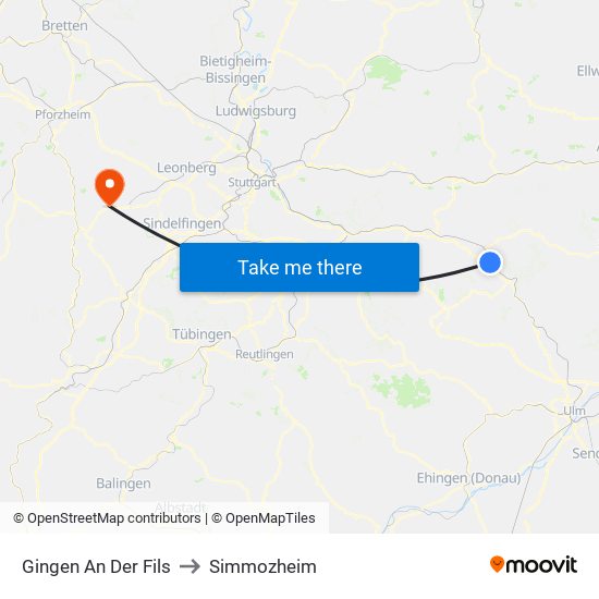 Gingen An Der Fils to Simmozheim map