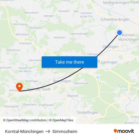 Korntal-Münchingen to Simmozheim map