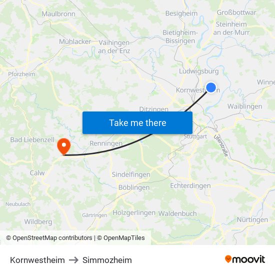 Kornwestheim to Simmozheim map