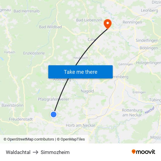 Waldachtal to Simmozheim map