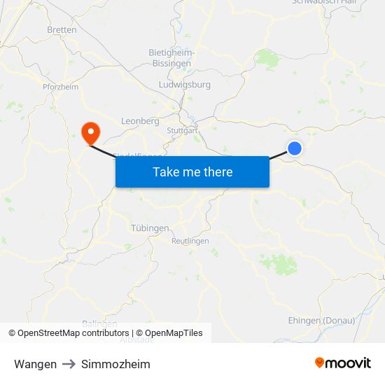 Wangen to Simmozheim map