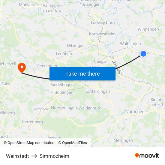 Weinstadt to Simmozheim map